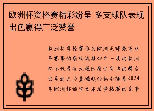 欧洲杯资格赛精彩纷呈 多支球队表现出色赢得广泛赞誉