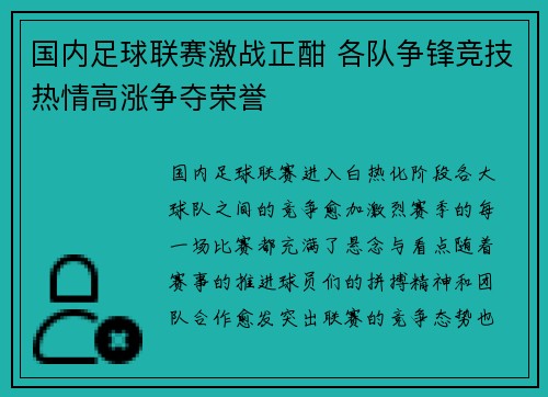 国内足球联赛激战正酣 各队争锋竞技热情高涨争夺荣誉