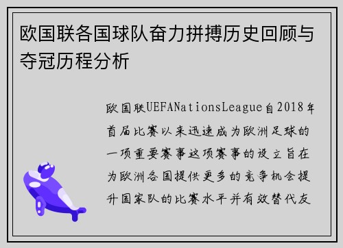 欧国联各国球队奋力拼搏历史回顾与夺冠历程分析