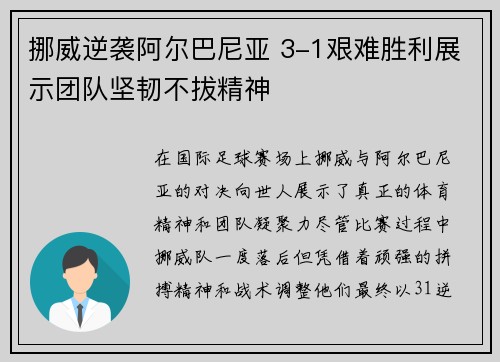 挪威逆袭阿尔巴尼亚 3-1艰难胜利展示团队坚韧不拔精神